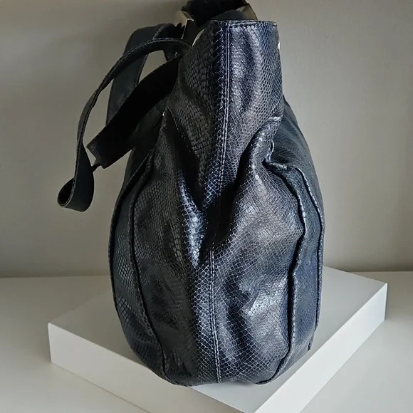 KOOBA Elegant Denim Blue Snake Embossed Glossed Tote Shoulder Bag - Picture 5 of 10